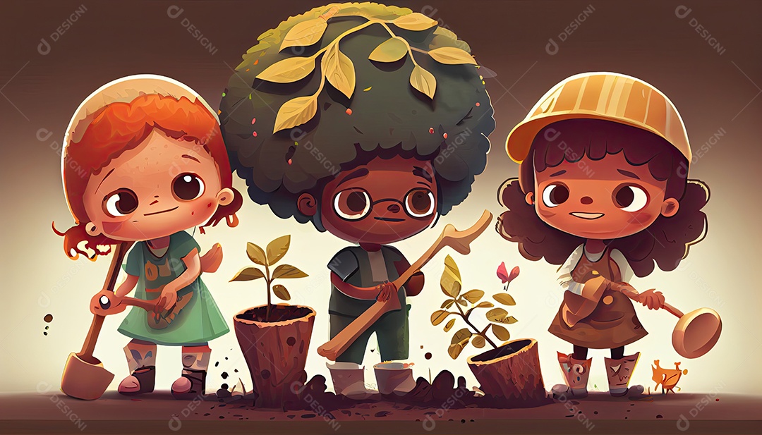 Crianças dos desenhos animados plantando árvores Dia da Terra a importância de amar a natureza