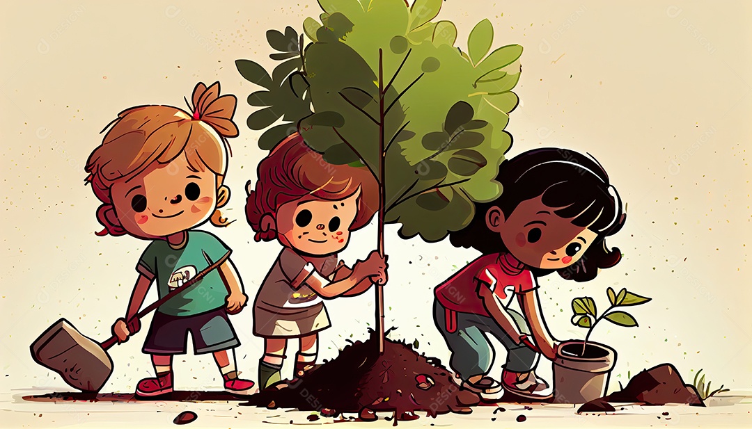 Crianças dos desenhos animados plantando árvores Dia da Terra a importância de amar a natureza