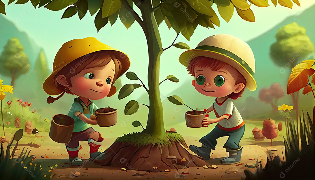 Crianças dos desenhos animados plantando árvores Dia da Terra a importância de amar a natureza