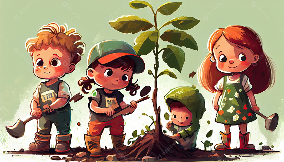 Crianças dos desenhos animados plantando árvores Dia da Terra a importância de amar a natureza