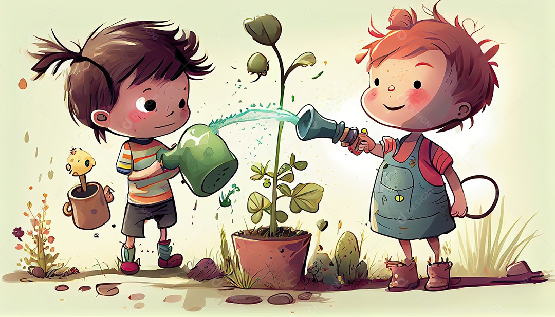 Crianças dos desenhos animados plantando árvores Dia da Terra a importância de amar a natureza