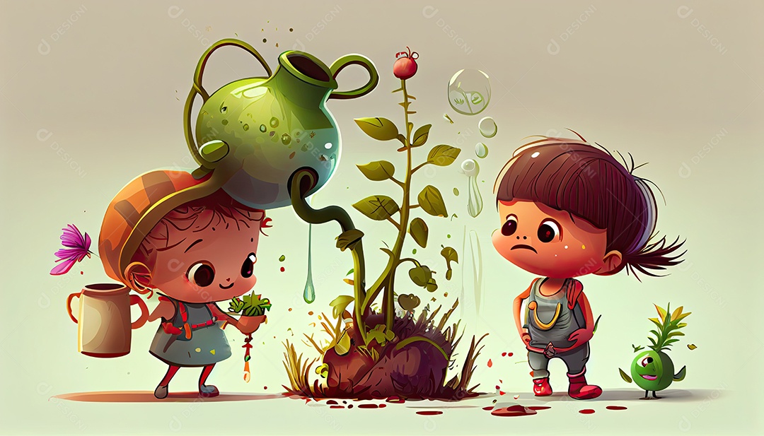 Crianças dos desenhos animados plantando árvores Dia da Terra a importância de amar a natureza