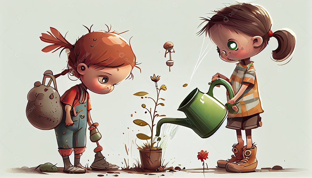 Crianças dos desenhos animados plantando árvores Dia da Terra a importância de amar a natureza