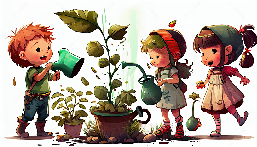 Crianças dos desenhos animados plantando árvores Dia da Terra a importância de amar a natureza