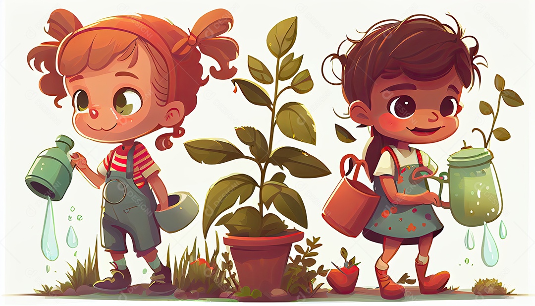 Crianças dos desenhos animados plantando árvores Dia da Terra a importância de amar a natureza