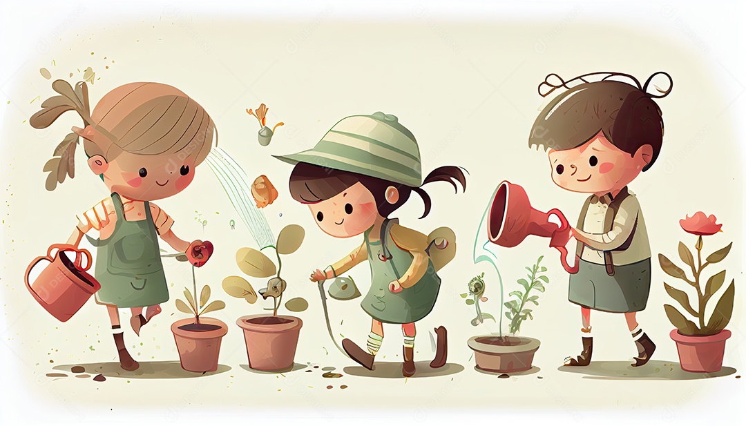 Crianças dos desenhos animados plantando árvores Dia da Terra a importância de amar a natureza