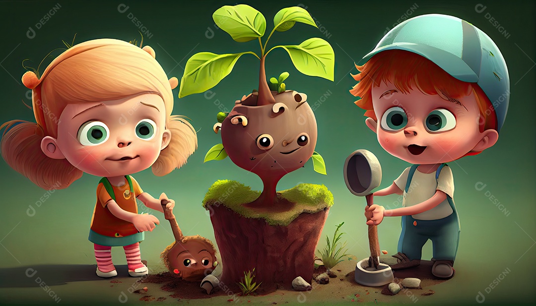Crianças dos desenhos animados plantando árvores Dia da Terra a importância de amar a natureza