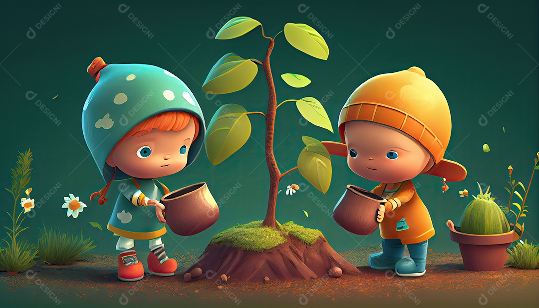 Crianças dos desenhos animados plantando árvores Dia da Terra a importância de amar a natureza