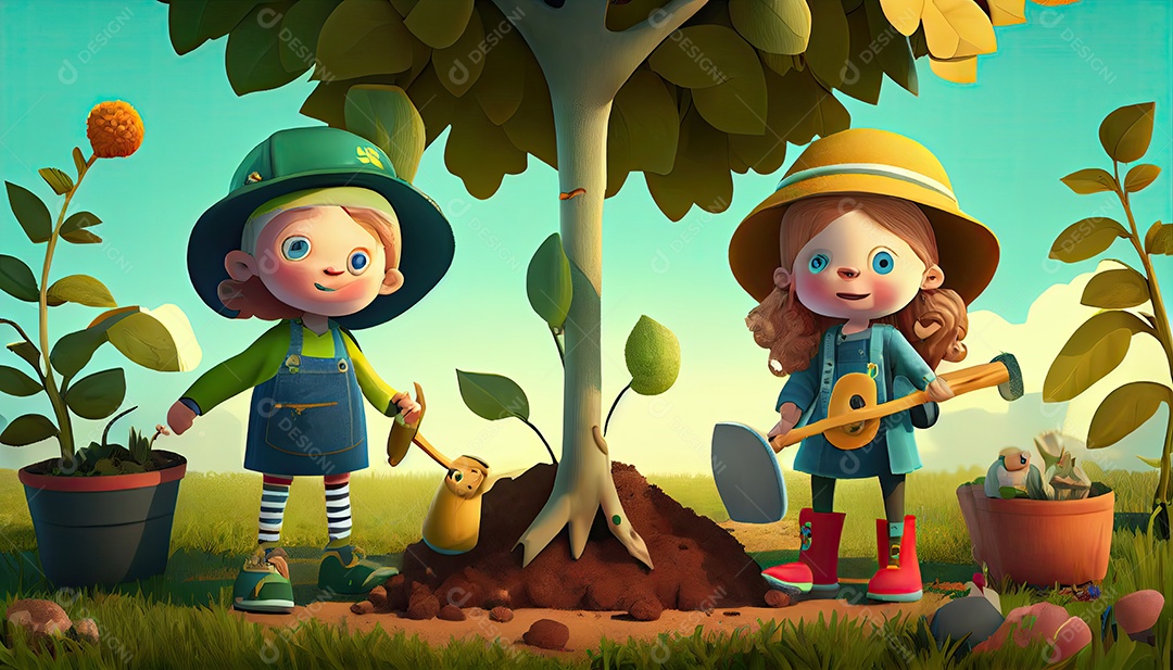 Crianças dos desenhos animados plantando árvores Dia da Terra a importância de amar a natureza