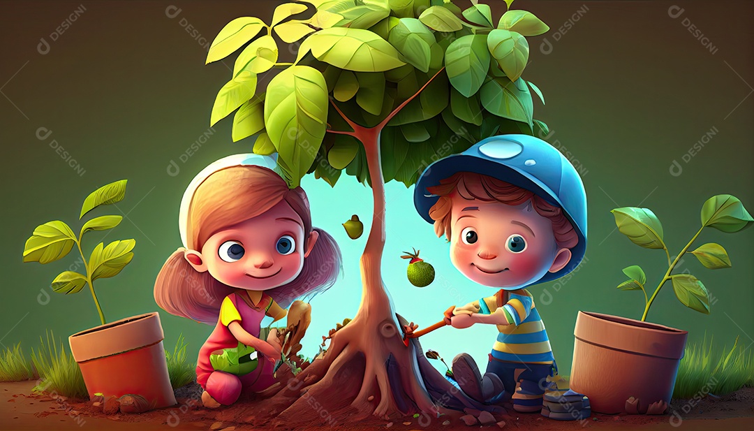 Crianças dos desenhos animados plantando árvores Dia da Terra a importância de amar a natureza