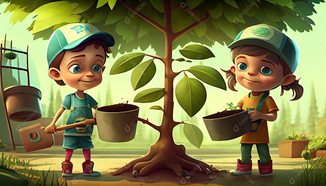 Crianças dos desenhos animados plantando árvores Dia da Terra a importância de amar a natureza