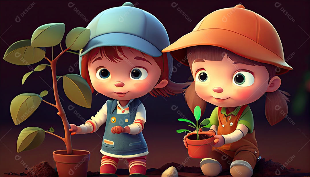 Crianças dos desenhos animados plantando árvores Dia da Terra a importância de amar a natureza