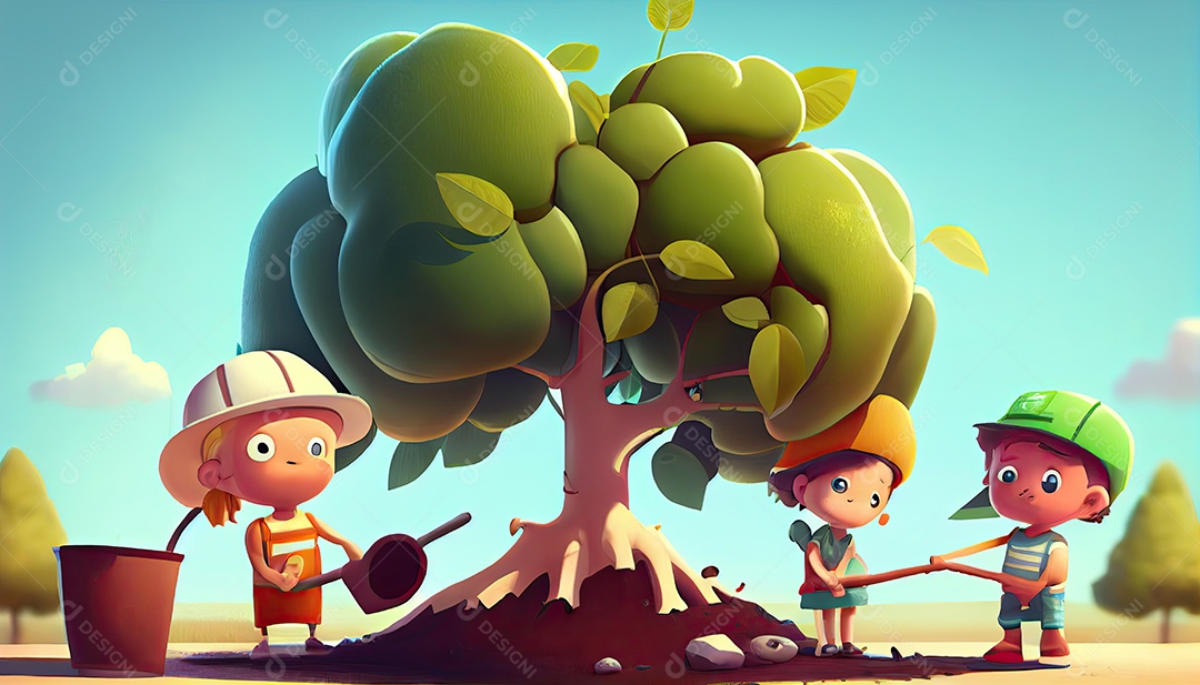 Crianças dos desenhos animados plantando árvores Dia da Terra a importância de amar a natureza