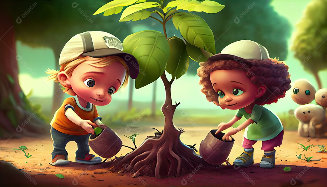 Crianças dos desenhos animados plantando árvores Dia da Terra a importância de amar a natureza