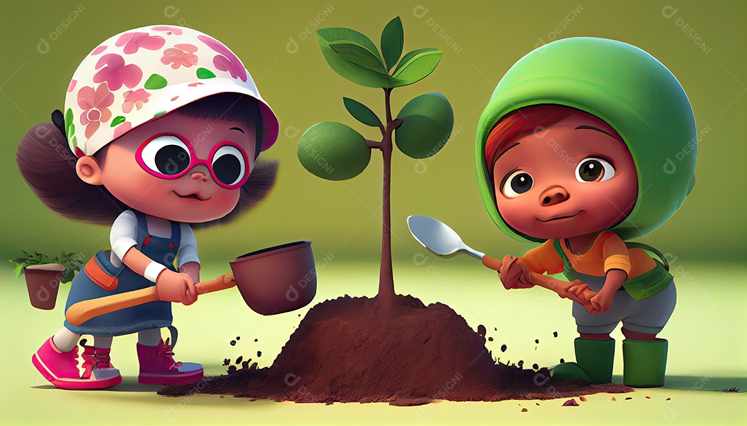 Crianças dos desenhos animados plantando árvores Dia da Terra a importância de amar a natureza