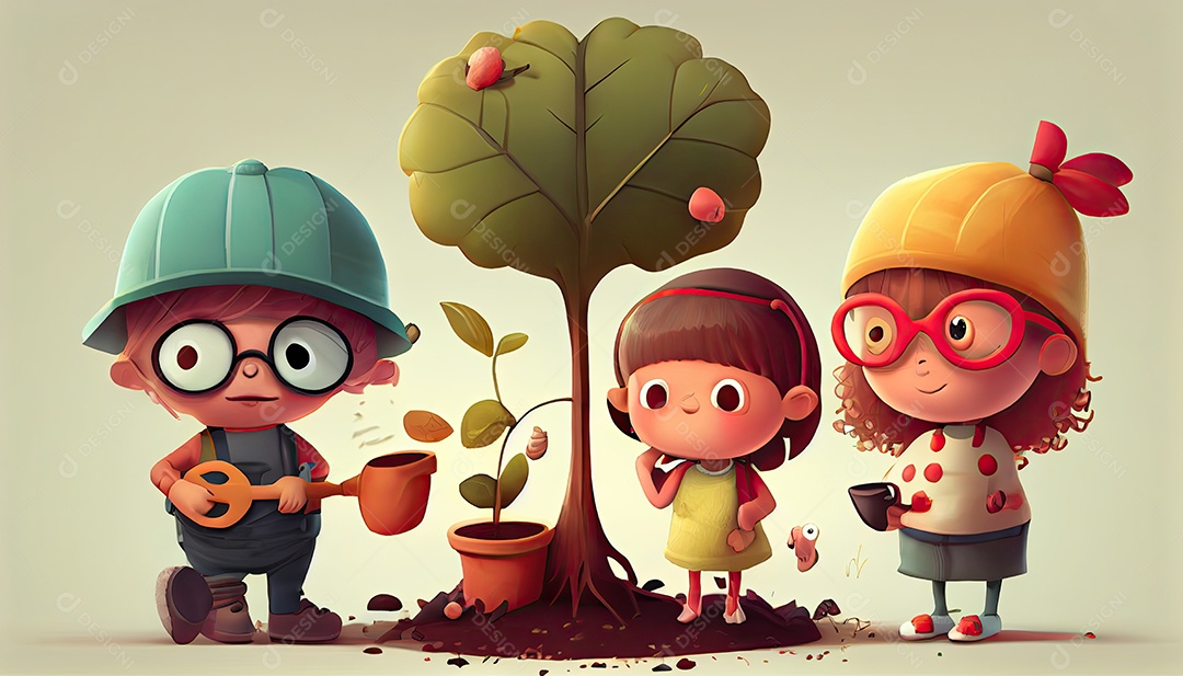 Crianças dos desenhos animados plantando árvores Dia da Terra a importância de amar a natureza