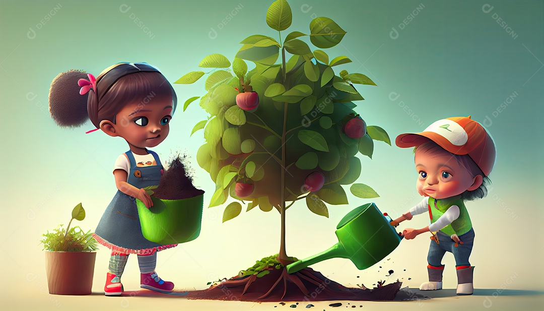 Crianças dos desenhos animados plantando árvores Dia da Terra a importância de amar a natureza