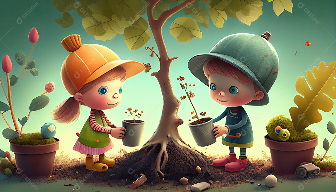 Crianças dos desenhos animados plantando árvores Dia da Terra a importância de amar a natureza