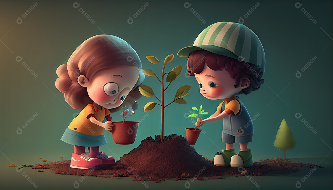 Crianças dos desenhos animados plantando árvores Dia da Terra a importância de amar a natureza