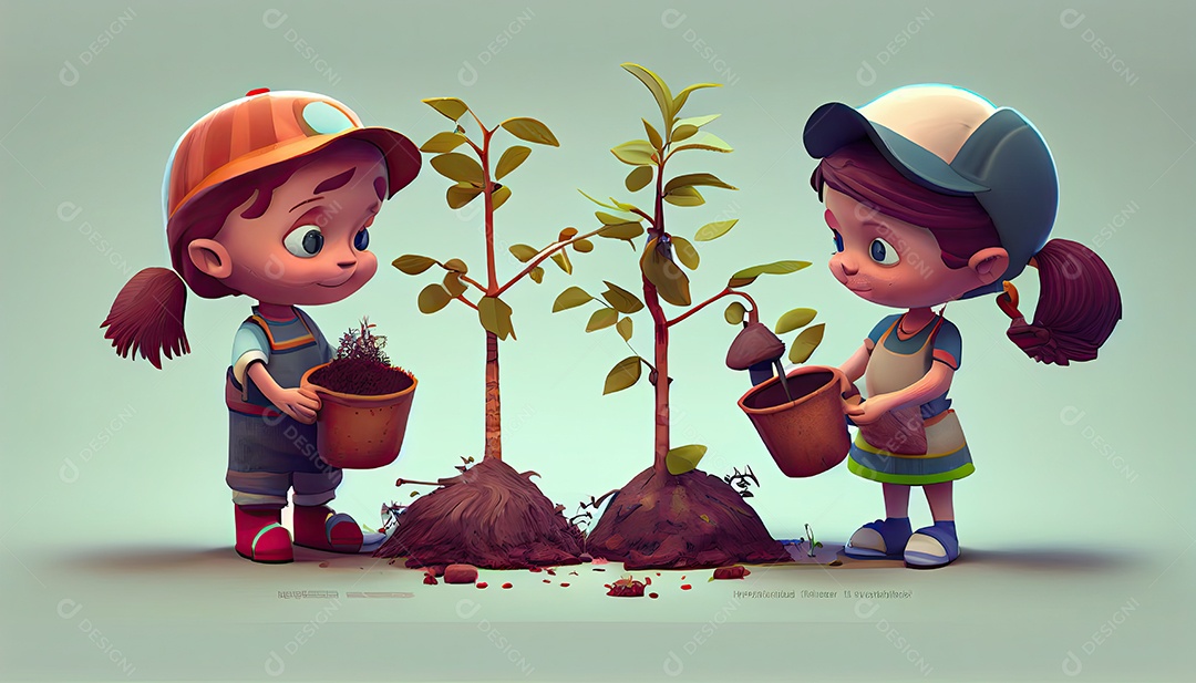 Crianças dos desenhos animados plantando árvores Dia da Terra a importância de amar a natureza