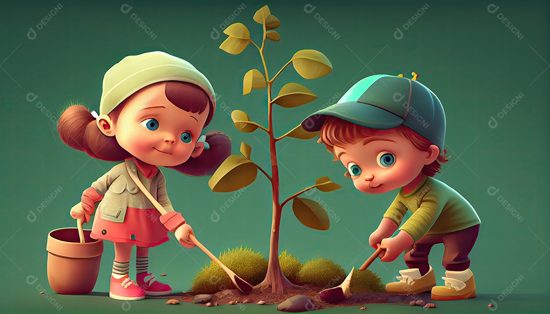 Crianças dos desenhos animados plantando árvores Dia da Terra a importância de amar a natureza