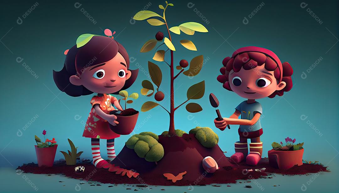 Crianças dos desenhos animados plantando árvores Dia da Terra a importância de amar a natureza