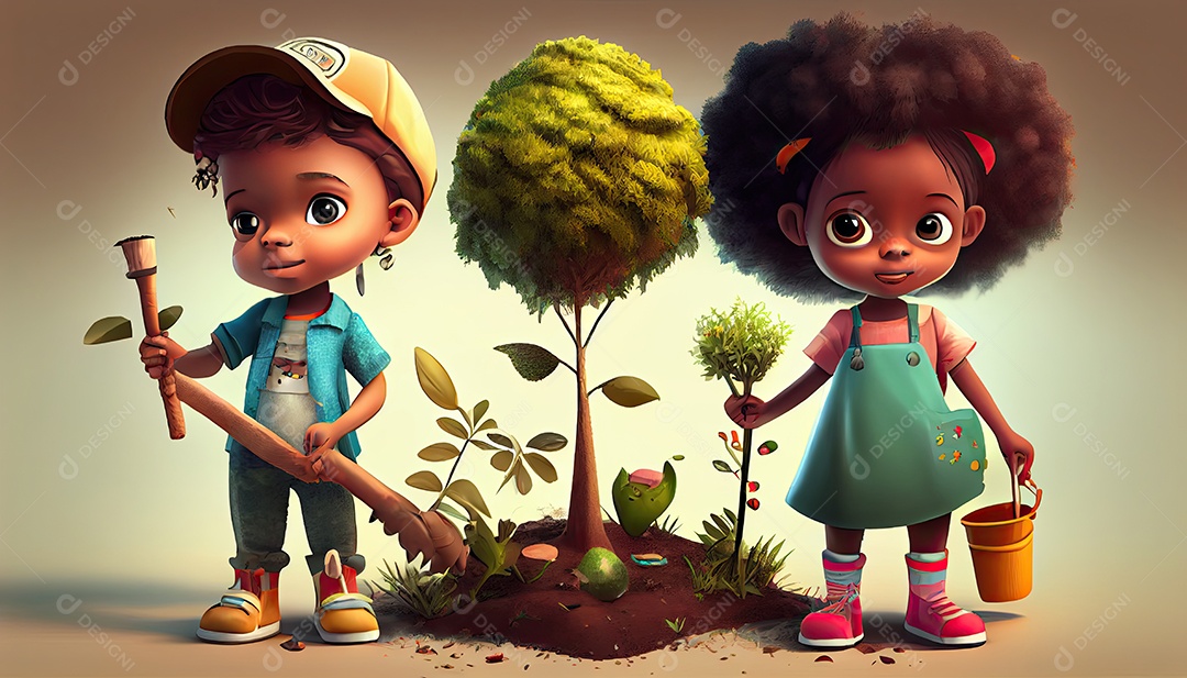 Crianças dos desenhos animados plantando árvores Dia da Terra a importância de amar a natureza