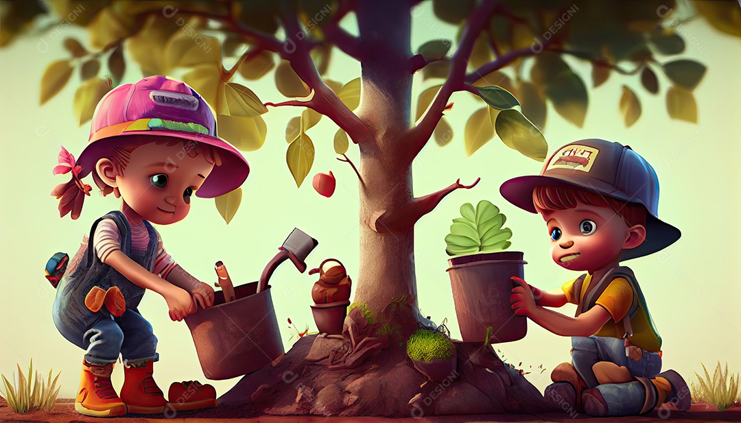 Crianças dos desenhos animados plantando árvores Dia da Terra a importância de amar a natureza