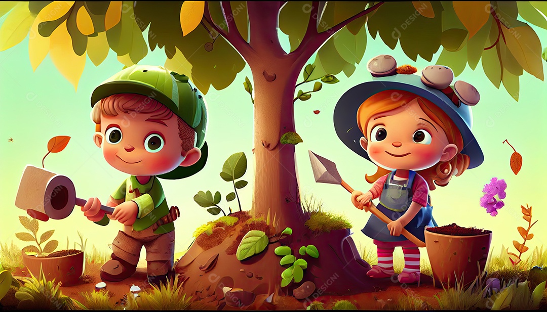 Crianças dos desenhos animados plantando árvores Dia da Terra a importância de amar a natureza