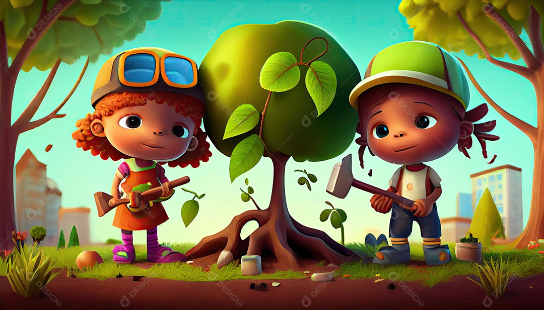 Crianças dos desenhos animados plantando árvores Dia da Terra a importância de amar a natureza