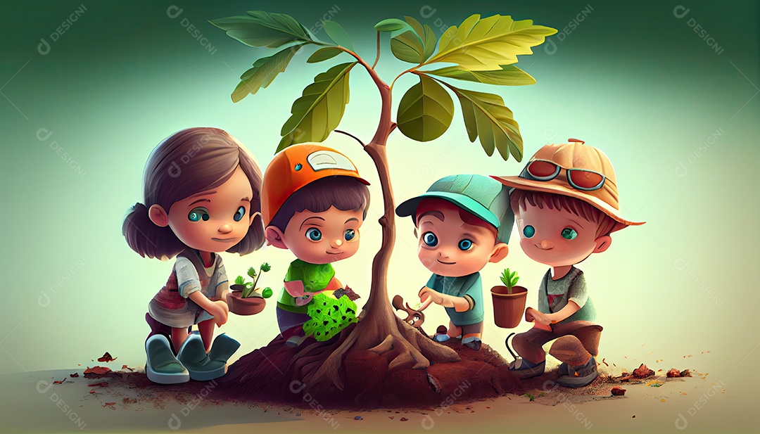 Crianças dos desenhos animados plantando árvores Dia da Terra a importância de amar a natureza