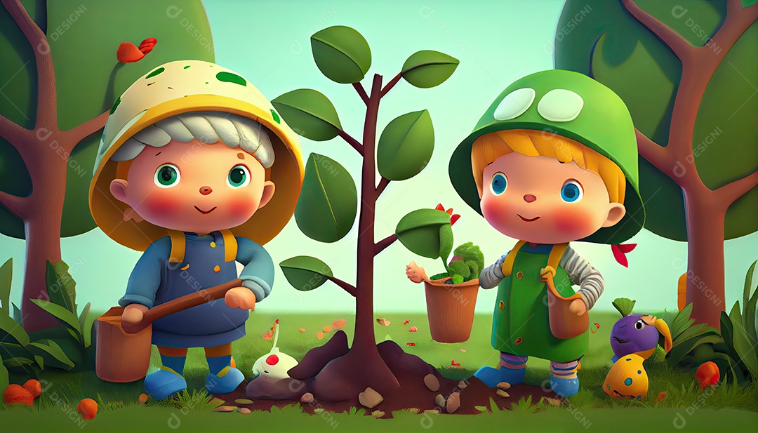 Crianças dos desenhos animados plantando árvores Dia da Terra a importância de amar a natureza