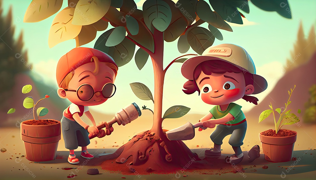 Crianças dos desenhos animados plantando árvores Dia da Terra a importância de amar a natureza