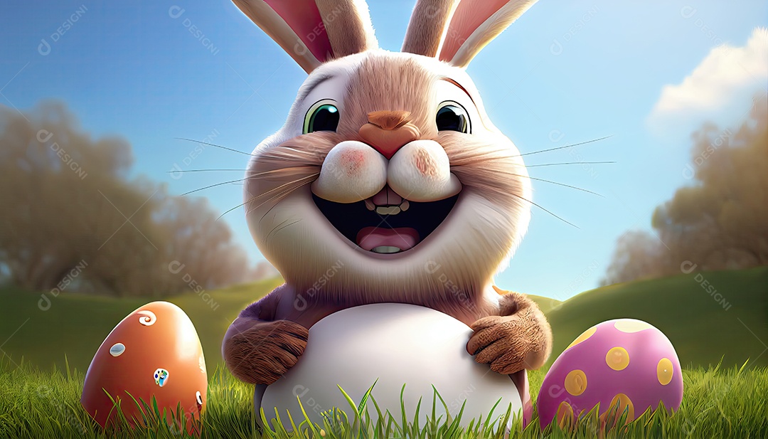 Desenho animado de coelho da páscoa sobre um lindo campo
