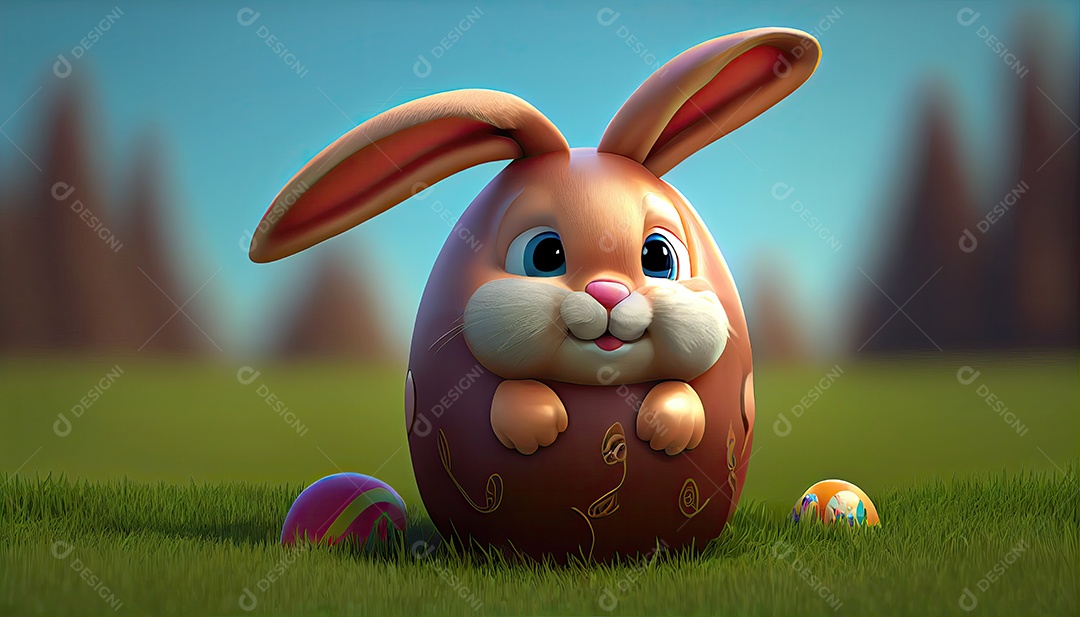 Desenho animado de coelho da páscoa sobre um lindo campo