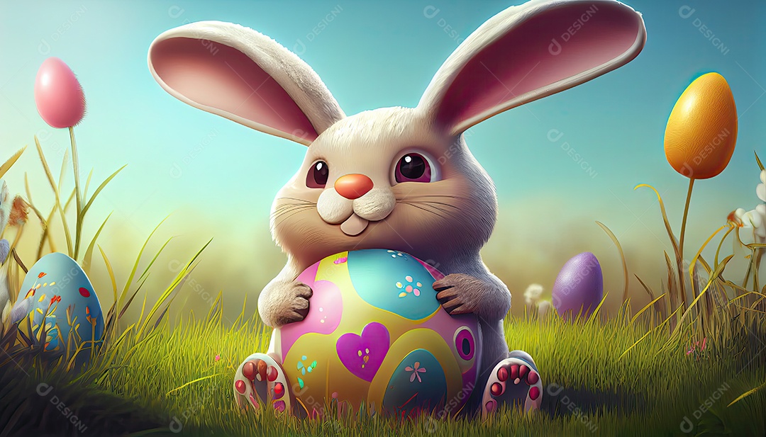 Desenho animado de coelho da páscoa sobre um lindo campo