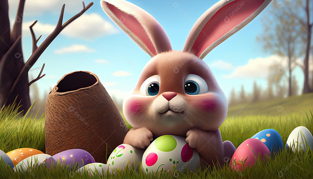 Desenho animado de coelho da páscoa sobre um lindo campo