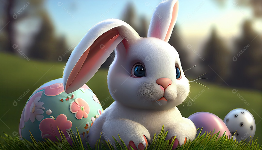 Desenho animado de coelho da páscoa sobre um lindo campo