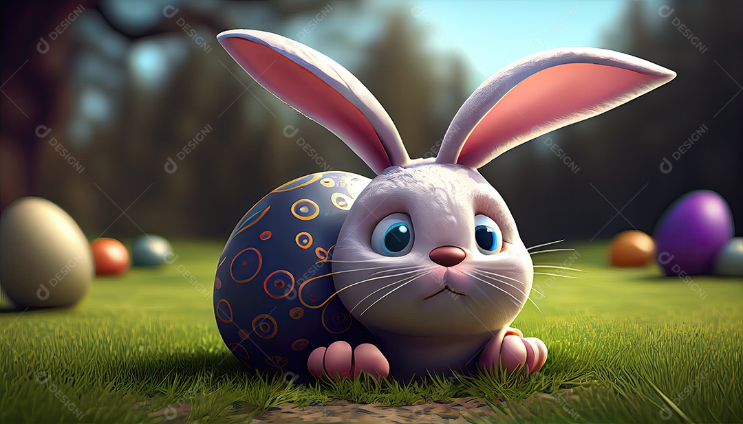 Desenho animado de coelho da páscoa sobre um lindo campo