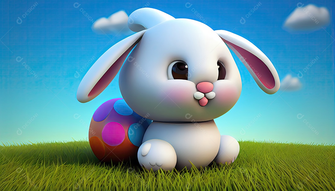Desenho animado de coelho da páscoa sobre um lindo campo