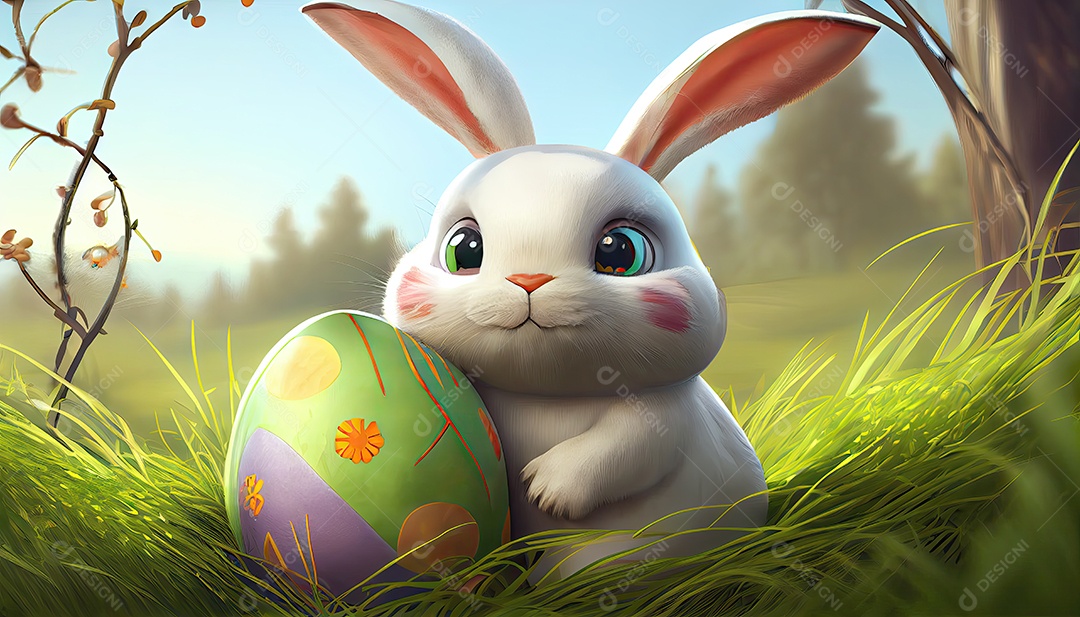 Coelhinho da Páscoa com ovos de Páscoa em um campo de flores