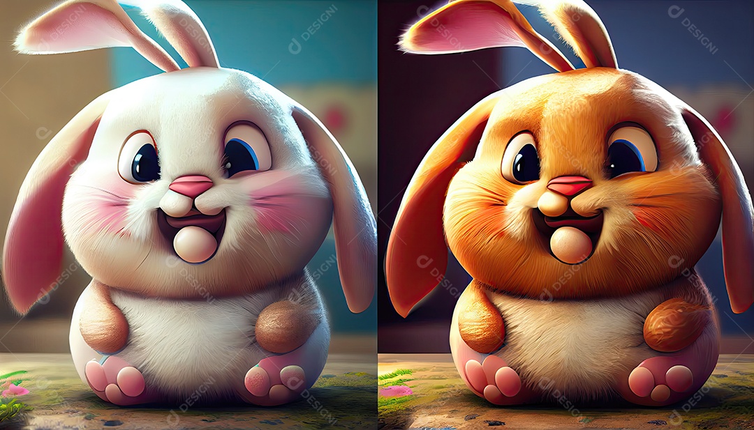 Coelhinho da Páscoa com ovos de Páscoa em um campo de flores