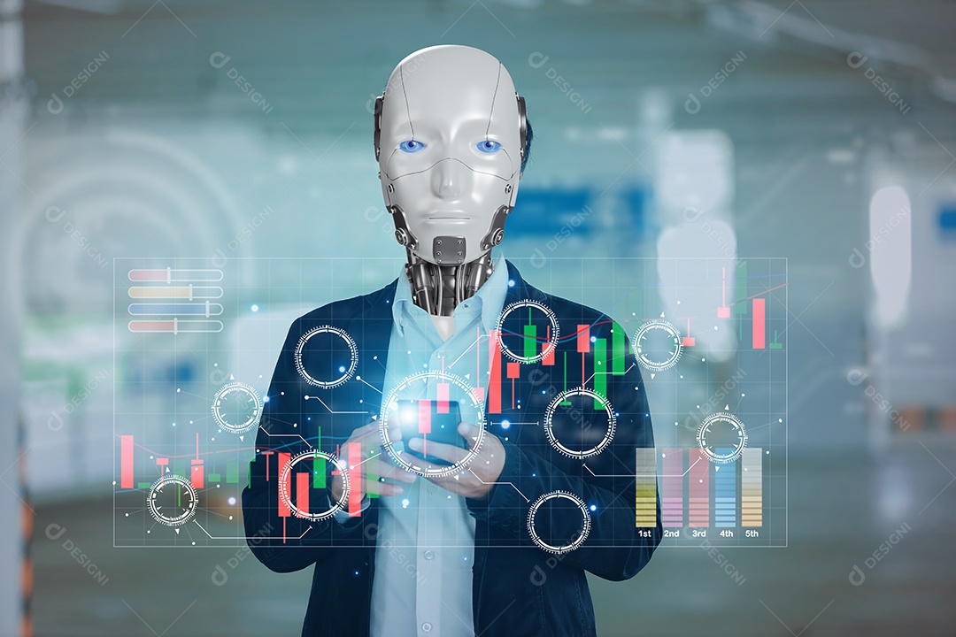 Inteligência artificial. IA de robô inteligente de tecnologia, inteligência artificial por meio de prompt de comando para gerar algo, transformação de tecnologia futurista.