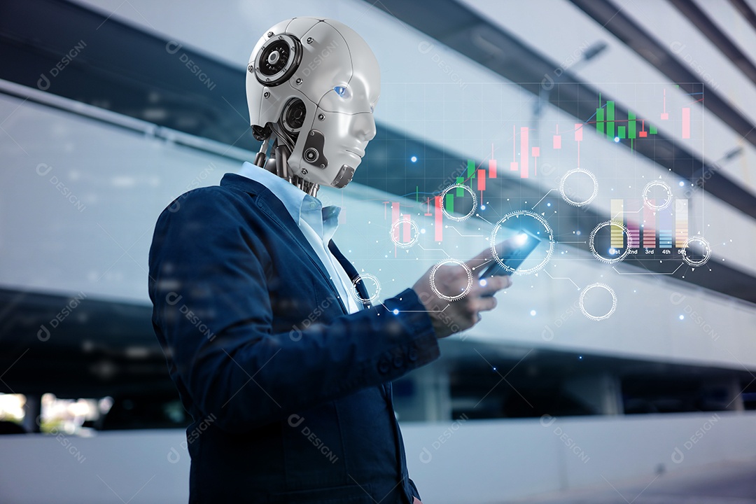 Inteligência artificial. IA de robô inteligente de tecnologia, inteligência artificial por meio de prompt de comando para gerar algo, transformação de tecnologia futurista.