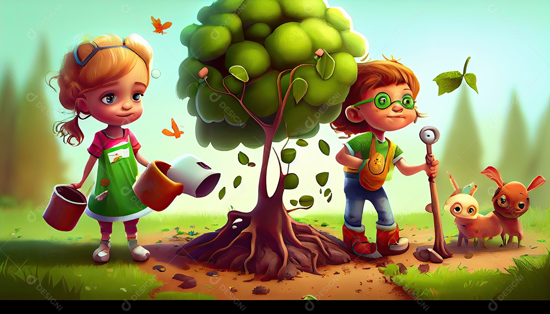 Crianças dos desenhos animados plantando árvores Dia da Terra a importância de amar a natureza