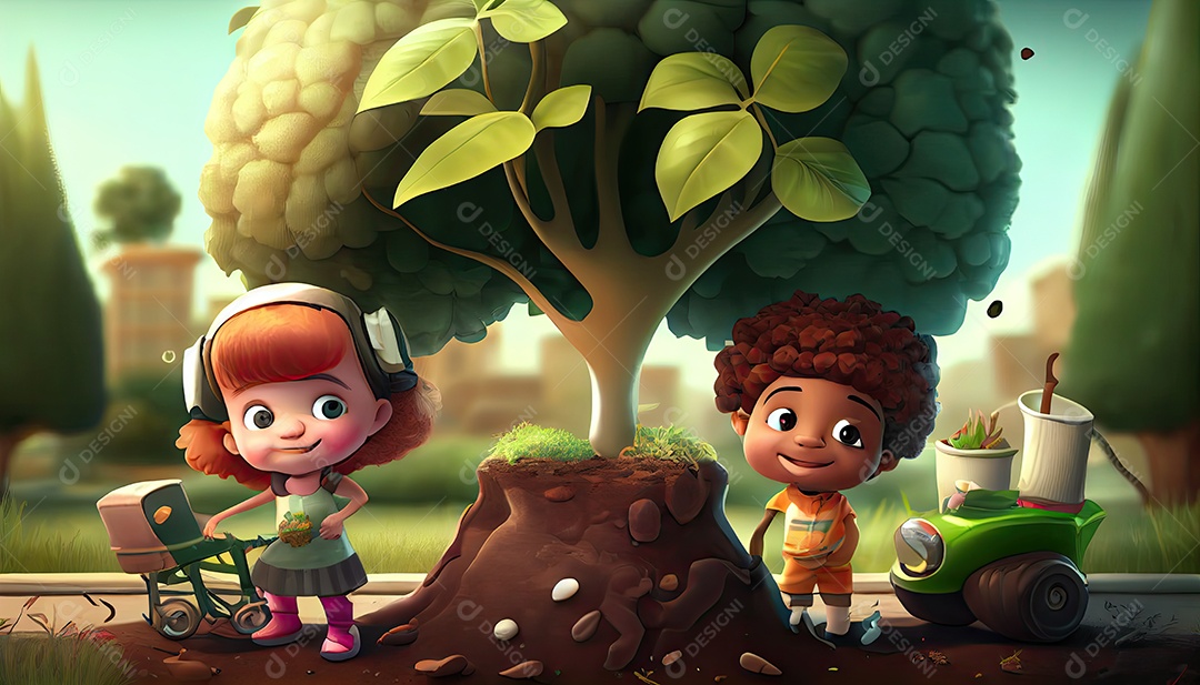 Crianças dos desenhos animados plantando árvores Dia da Terra a importância de amar a natureza