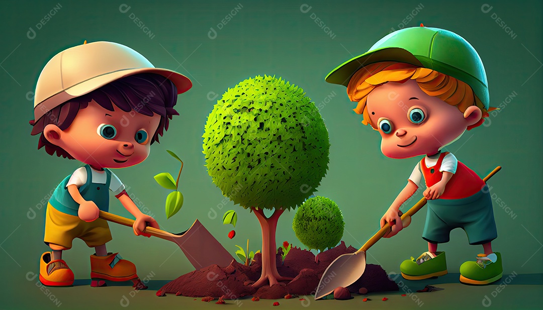 Crianças dos desenhos animados plantando árvores Dia da Terra a importância de amar a natureza