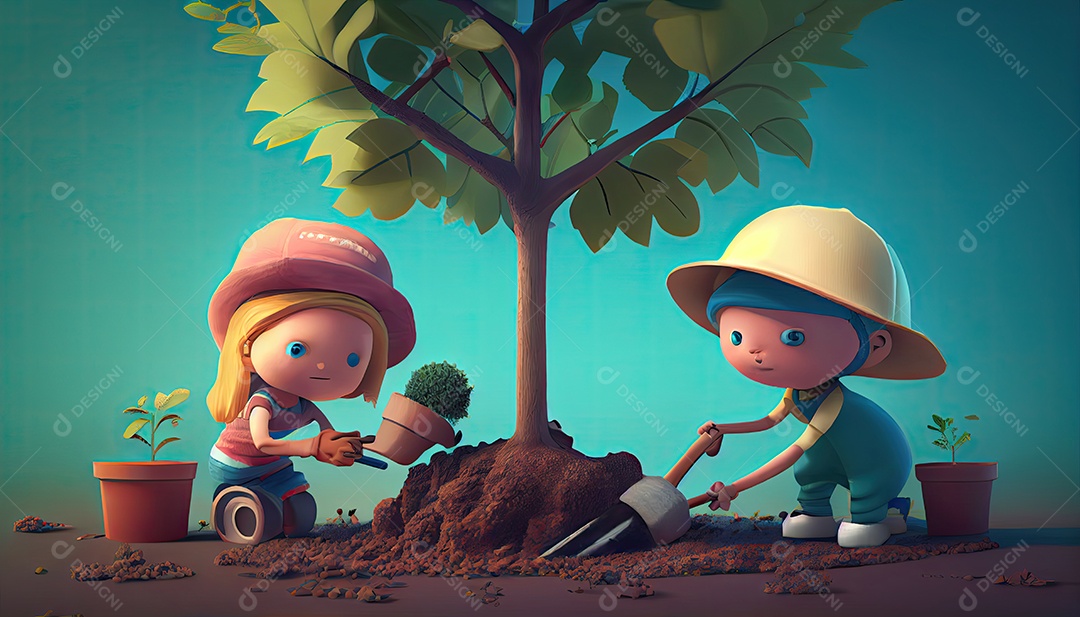 Crianças dos desenhos animados plantando árvores Dia da Terra a importância de amar a natureza