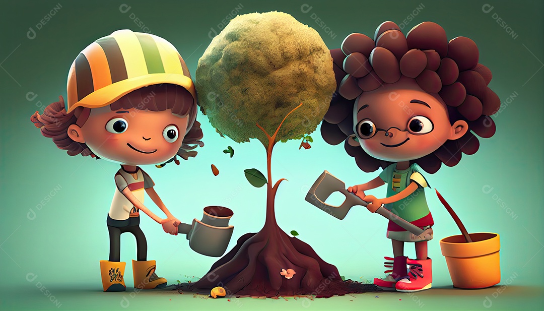 Crianças dos desenhos animados plantando árvores Dia da Terra a importância de amar a natureza
