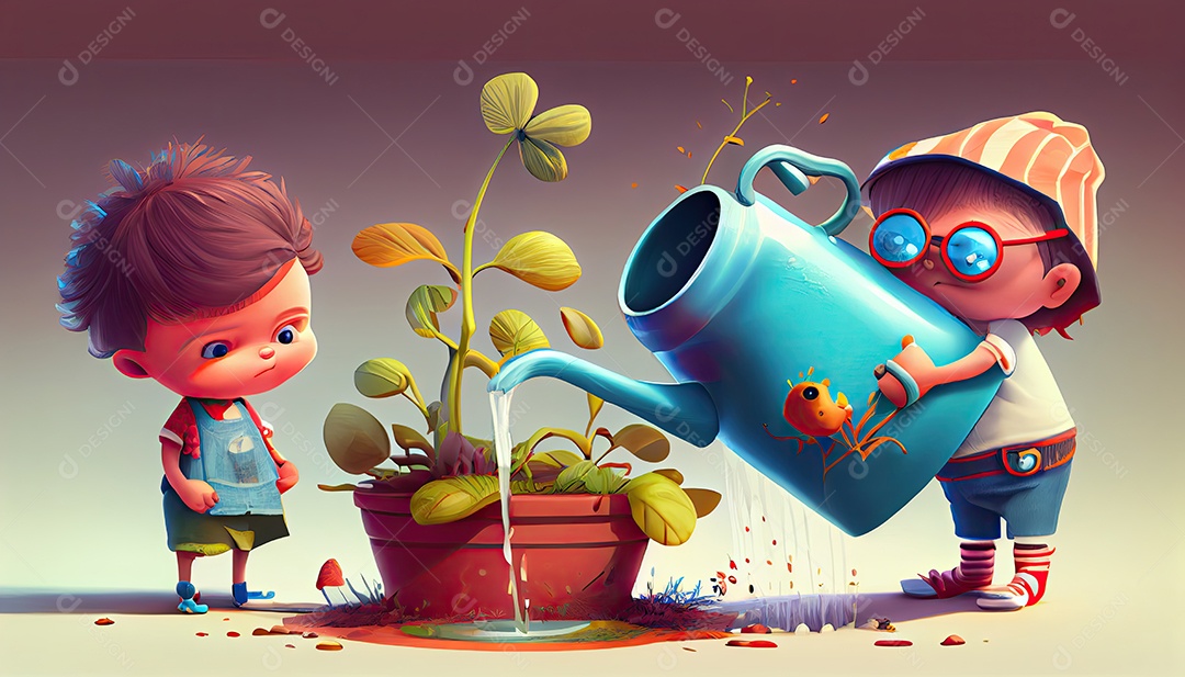 Crianças dos desenhos animados plantando árvores Dia da Terra a importância de amar a natureza